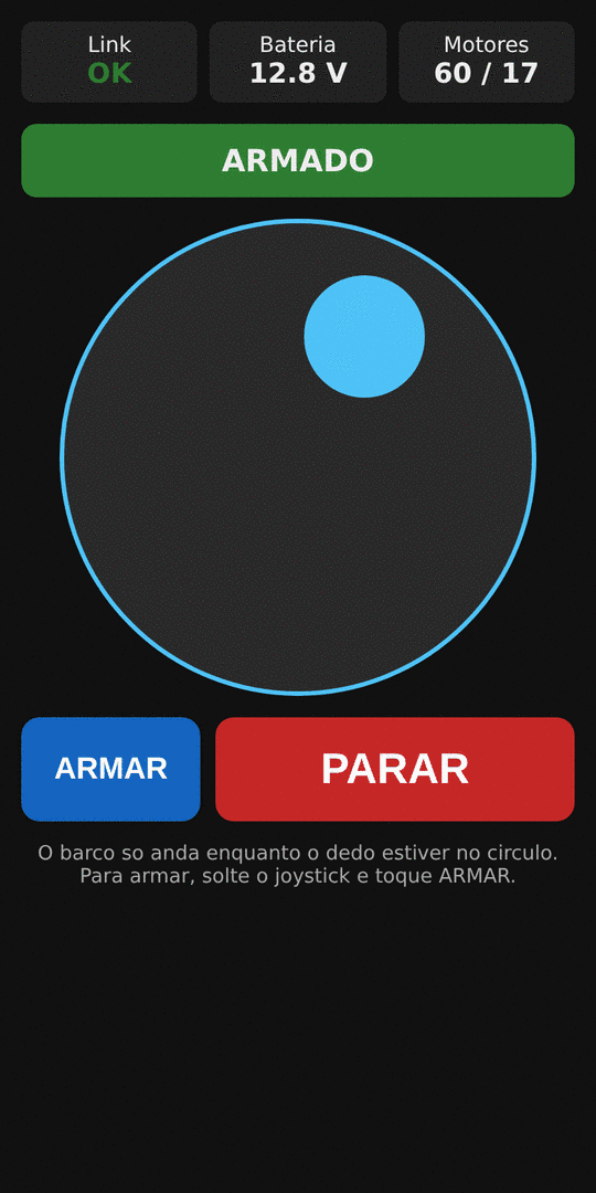Tela do celular com o controle do barco