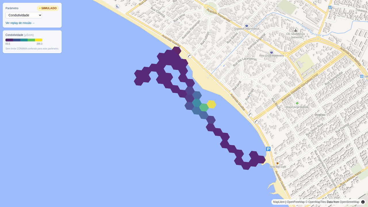Mapa do painel web com as leituras do barco